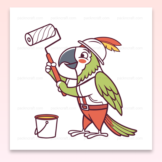 Illustration d'un perroquet peintre en style cartoon pour projets DIY.