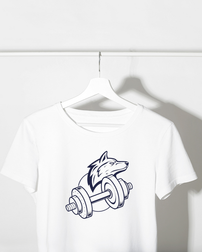 T-shirt imprimé avec loup soulevant haltères design vectoriel dynamique en noir et blanc