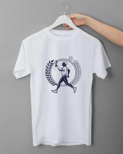 Visuel de t-shirt sportif montrant un coureur en pleine course dynamique