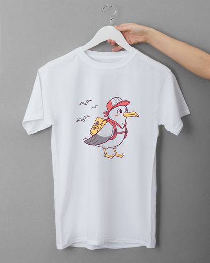T-shirt illustré avec une mouette au style flat et une ambiance voyage