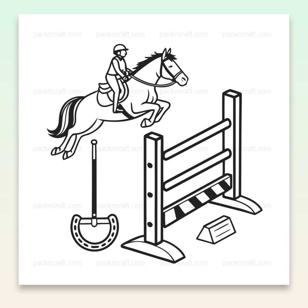 Illustration d'un cavalier sautant une haie, style minimaliste pour usage créatif et éducatif.