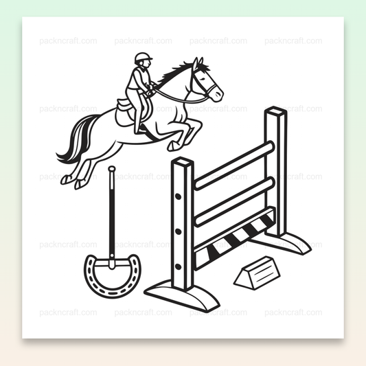 Illustration d'un cavalier sautant une haie, style minimaliste pour usage créatif et éducatif.