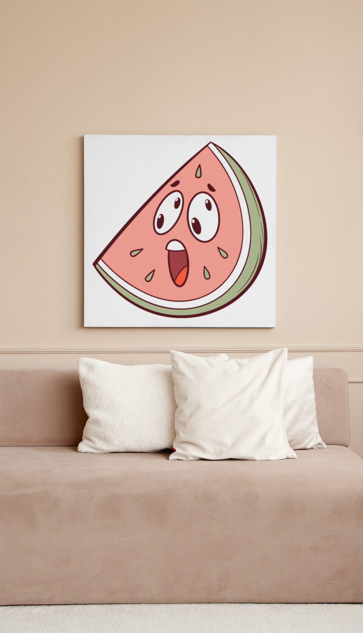 Cadre avec pastèque cartoon effrayée exprimant la gaieté d'été, éclat de couleur