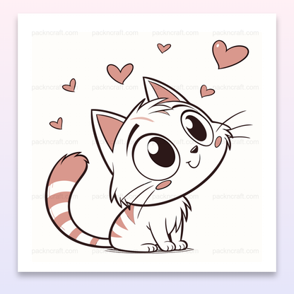Chaton curieux entouré de cœurs, parfait pour stickers ou déco créative.