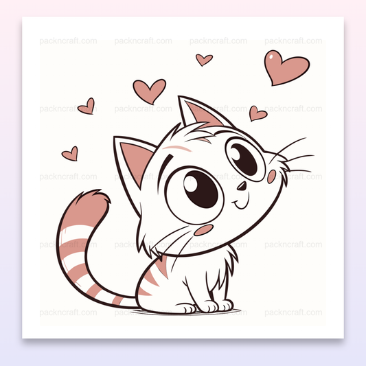 Chaton curieux entouré de cœurs, parfait pour stickers ou déco créative.
