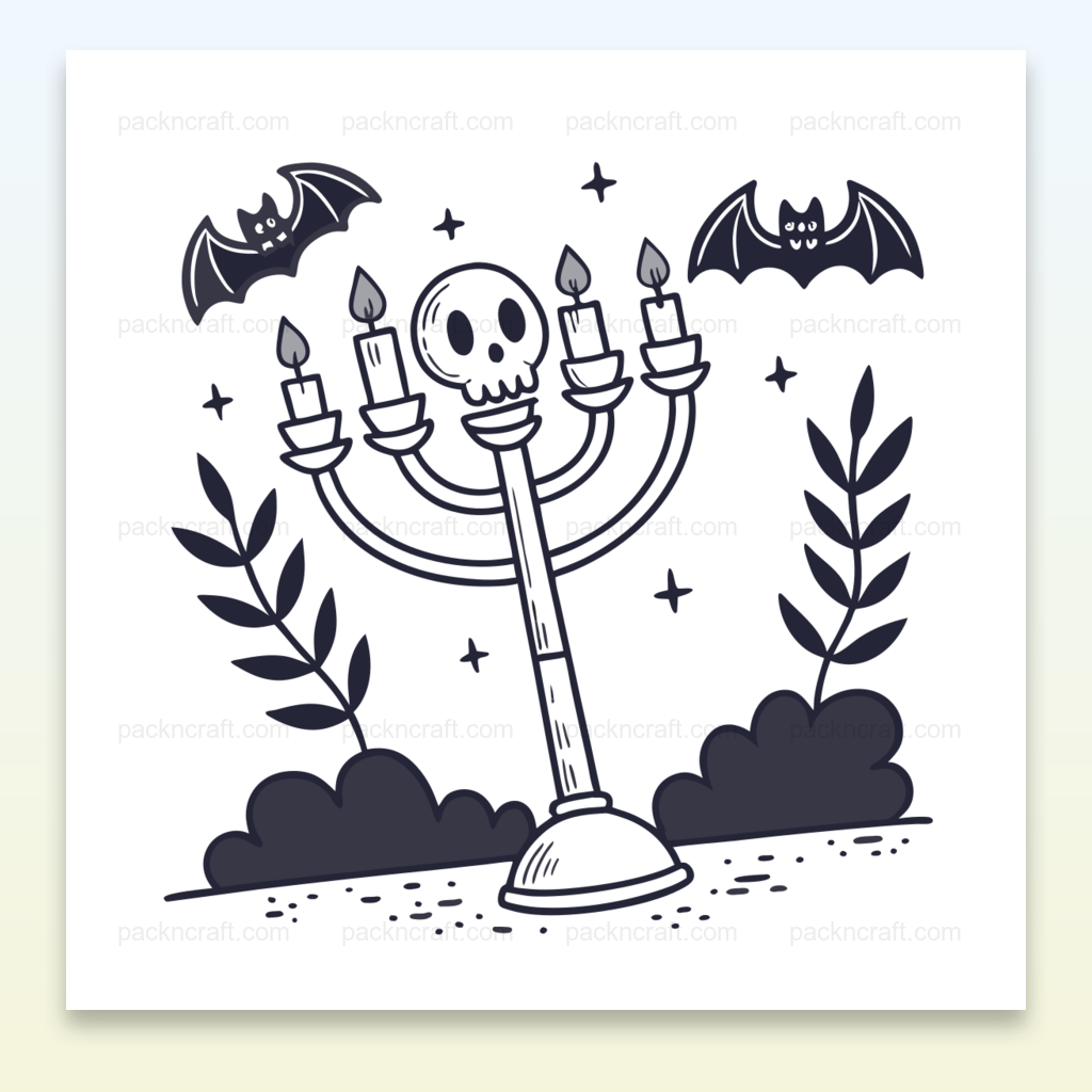 Illustration Halloween avec un chandelier crâne allumé en style doodle utilisant des chauves-souris