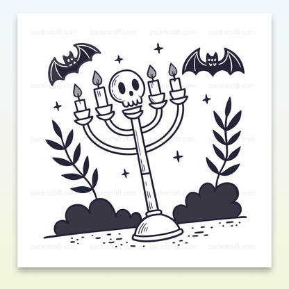 Illustration Halloween avec un chandelier crâne allumé en style doodle utilisant des chauves-souris