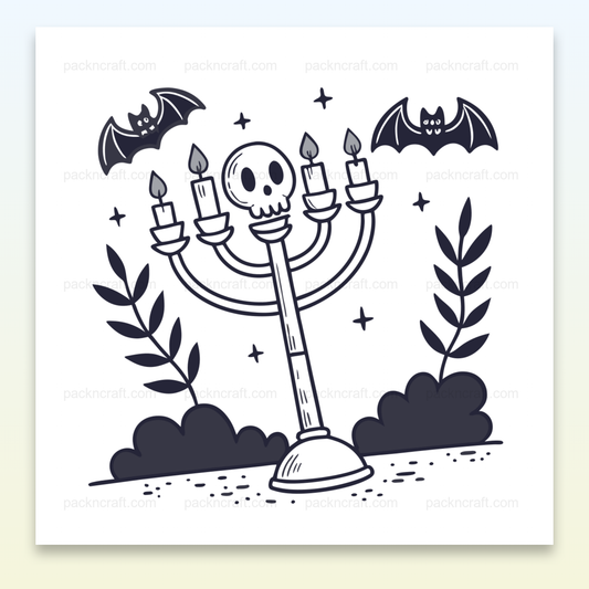Illustration Halloween avec un chandelier crâne allumé en style doodle utilisant des chauves-souris