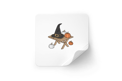 Sticker décoratif avec chapeau de sorcière stylisé, citrouilles joyeuses ambiance Halloween