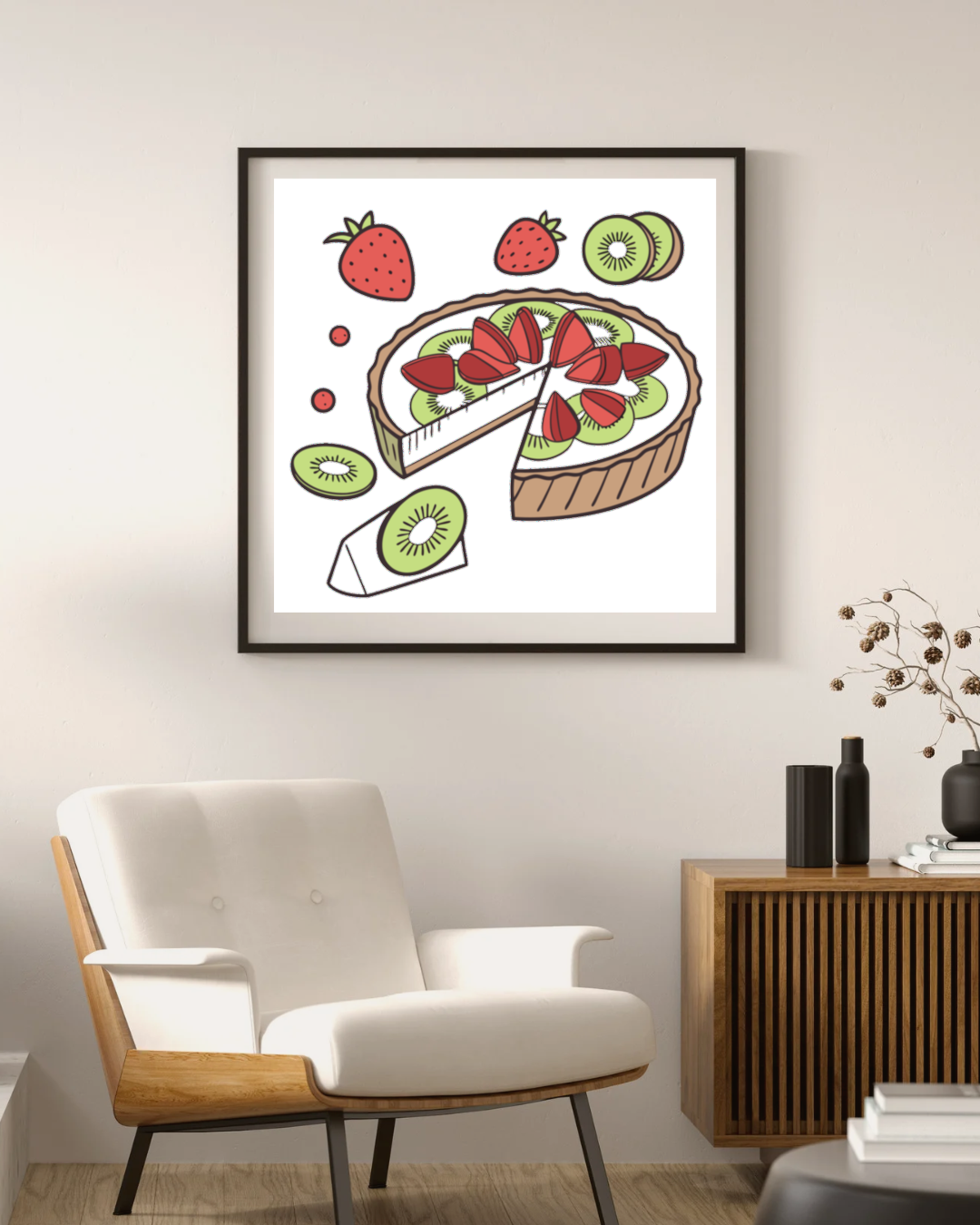Cadre avec une tarte aux fraises et kiwis dans un style gourmet et coloré