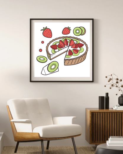 Cadre avec une tarte aux fraises et kiwis dans un style gourmet et coloré