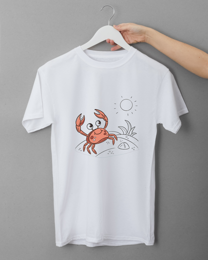 T-shirt plage avec crabe joyeux style cartoon mignon et coloré