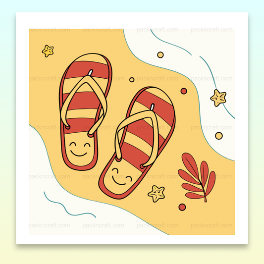 Illustration de tongs souriantes sur une plage ensoleillée, idéale pour projets DIY estivaux