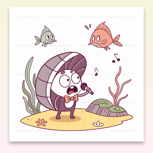 Illustration d'un coquillage chanteur surprise avec poisson, usage déco et éducatif.