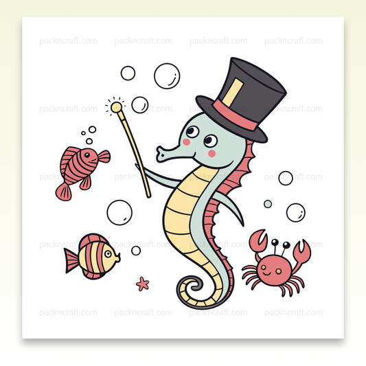 Hippocampe magicien avec chapeau haut-de-forme et poissons, parfait pour DIY et papeterie.