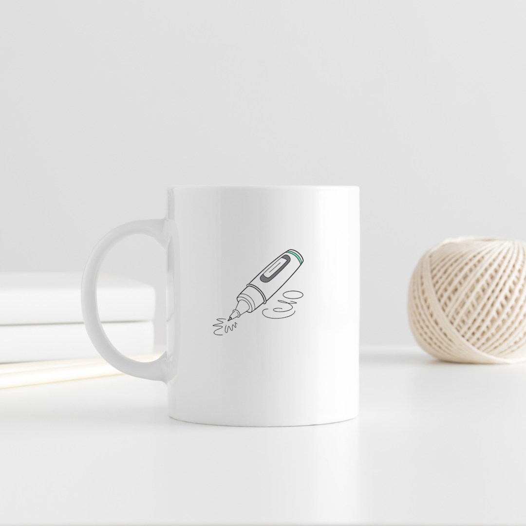 Mug avec motif stylo minimaliste vibrant, parfait pour un bureau exécutif moderne