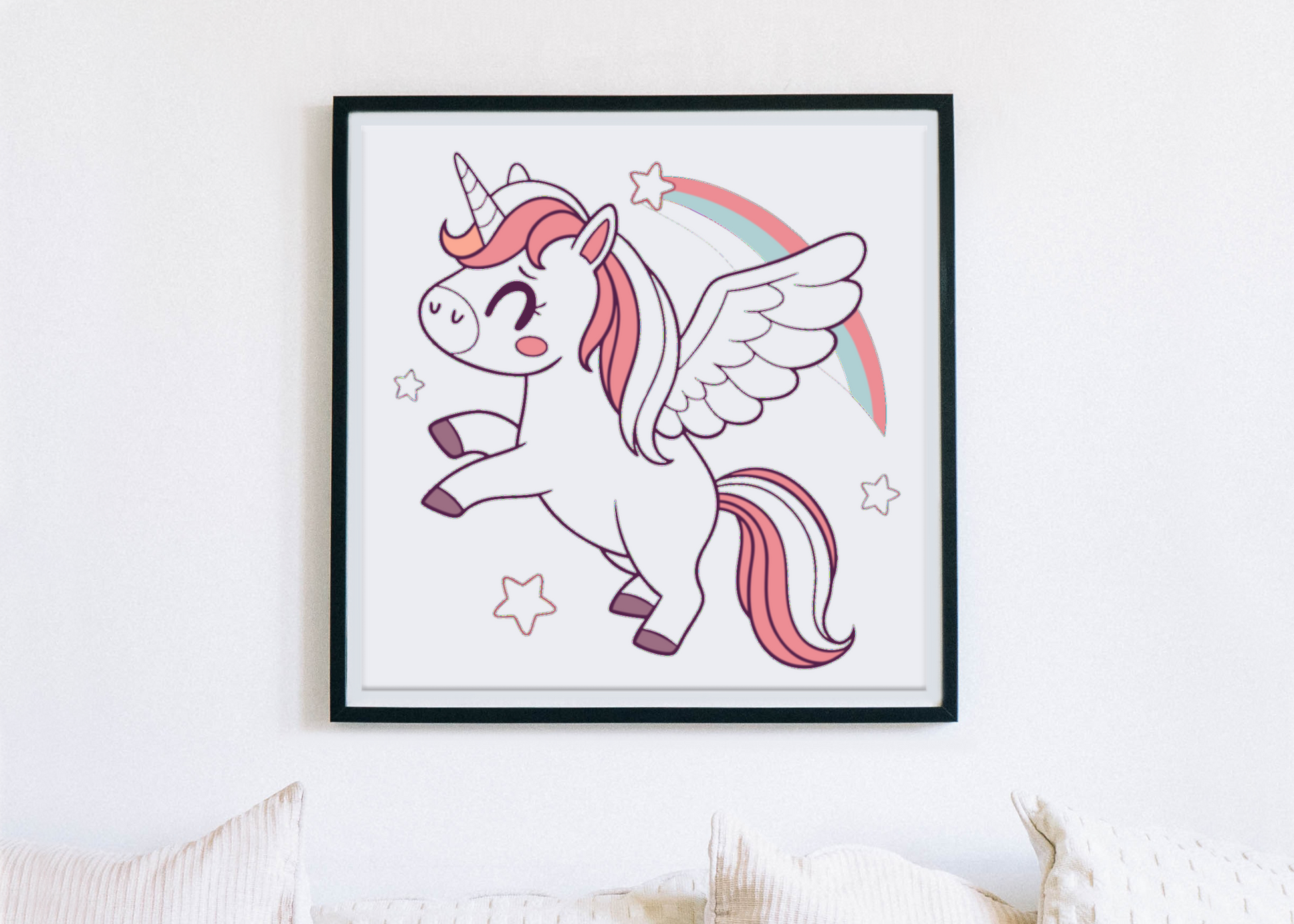 Cadre avec licorne pastel ailée joyeuse, magie étoilée, style cartoon enchanteur