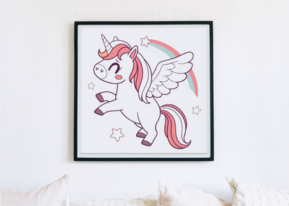 Cadre avec licorne pastel ailée joyeuse, magie étoilée, style cartoon enchanteur