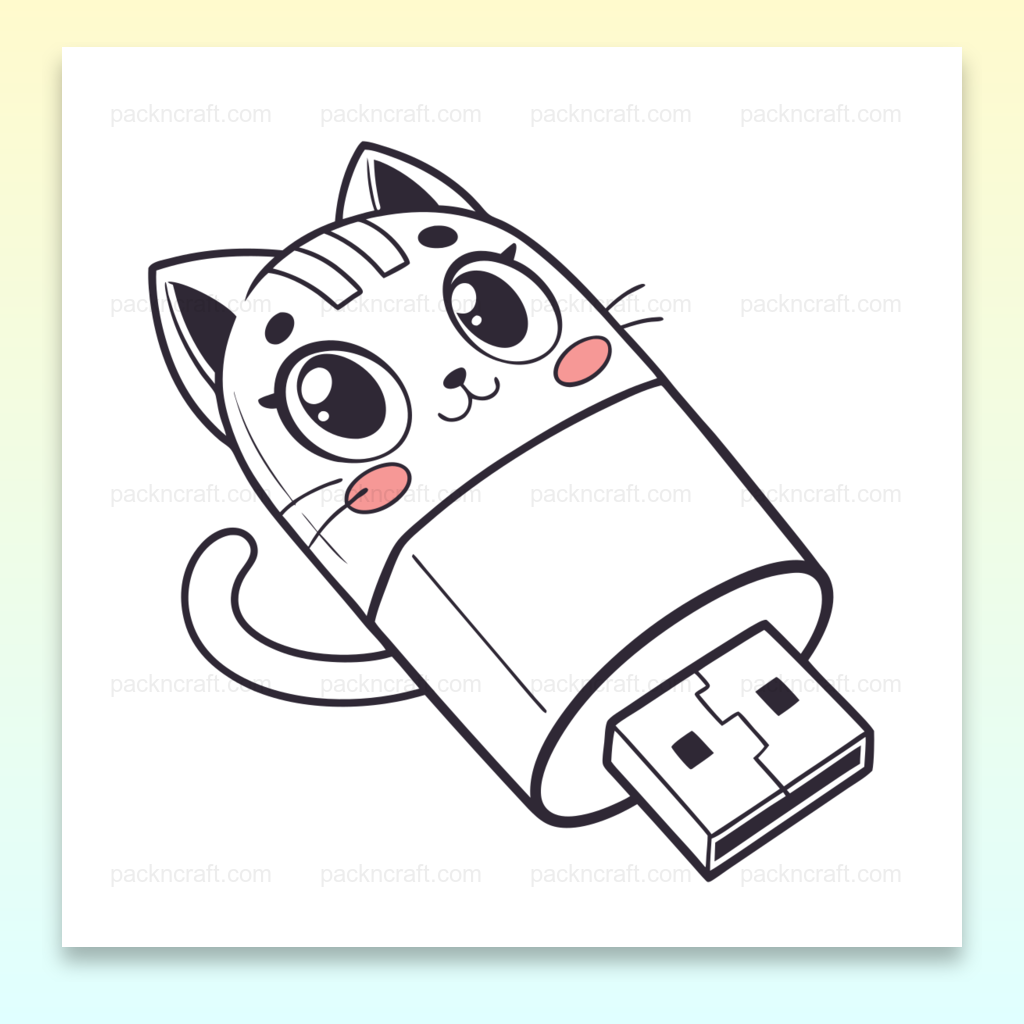 Illustration mignonne d'une clé USB chat souriant, usage pour papeterie et DIY