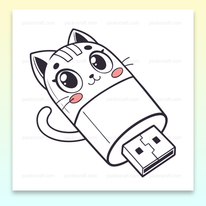 Illustration mignonne d'une clé USB chat souriant, usage pour papeterie et DIY