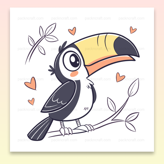 Illustration kawaii d'un toucan joyeux sur une branche, idéale pour DIY et déco.