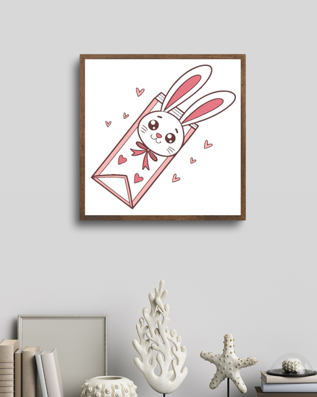 Cadre stylisé avec lapin adorable enveloppé dans des cœurs colorés