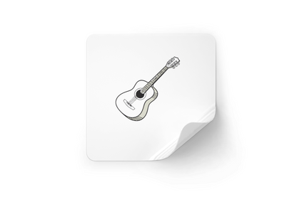 Sticker avec guitare acoustique vibrante sur fond artistique entraînant une ambiance musicale