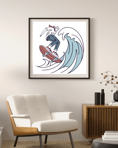 Cadre moderne avec un skateur surfeur dynamique stylisé émanant des vibes aquatiques