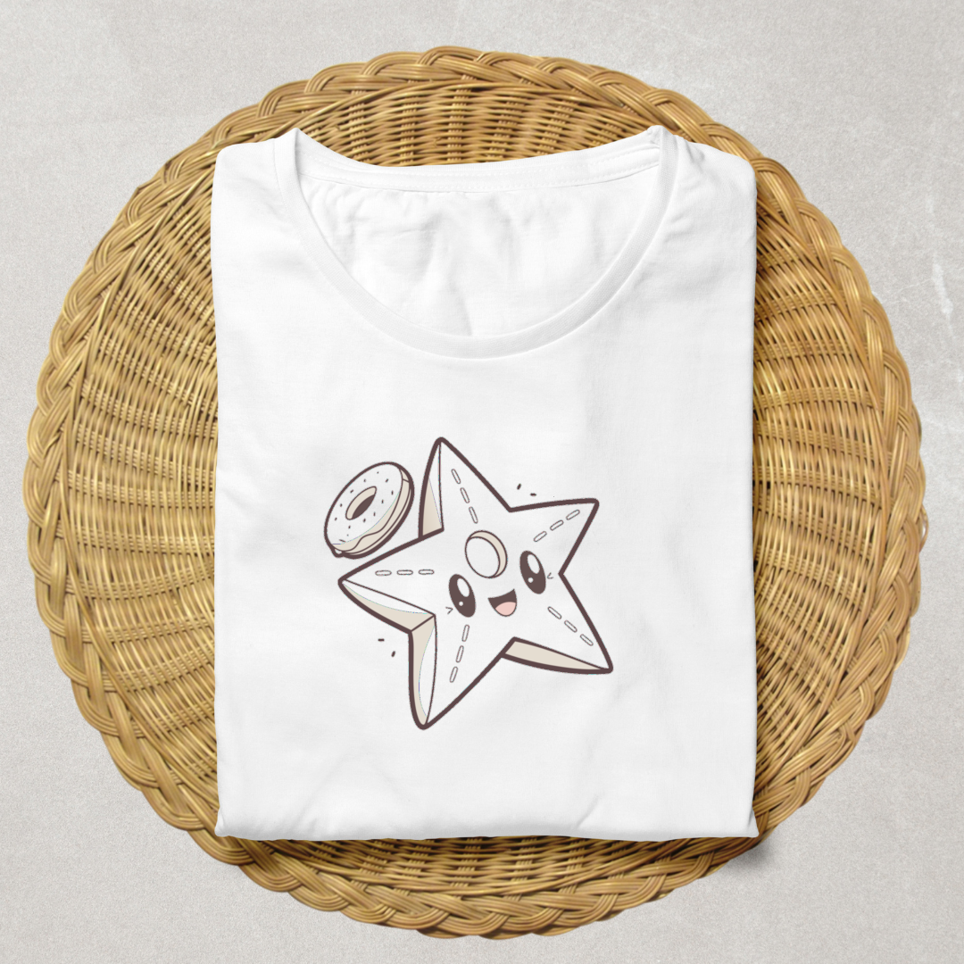 T-shirt festif montrant une étoile joyeuse avec un donut dans un style kawaii