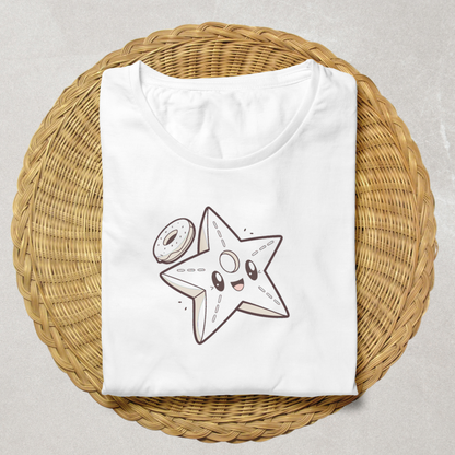 T-shirt festif montrant une étoile joyeuse avec un donut dans un style kawaii