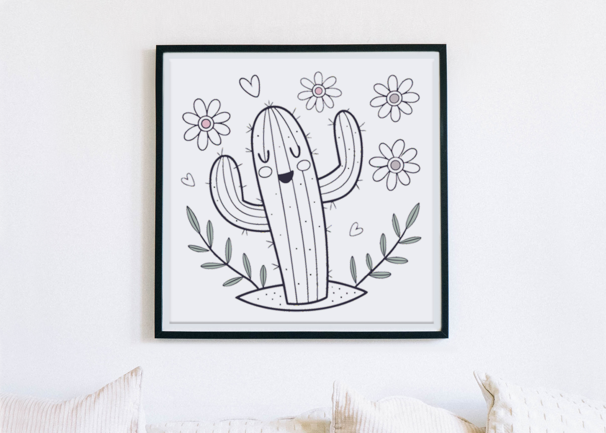 Cadre avec dessin doodle d'un cactus joyeux et floral apportant une touche de nature