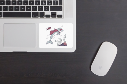 Sticker avec dauphin superhéros en style cartoon dans une aventure océanique