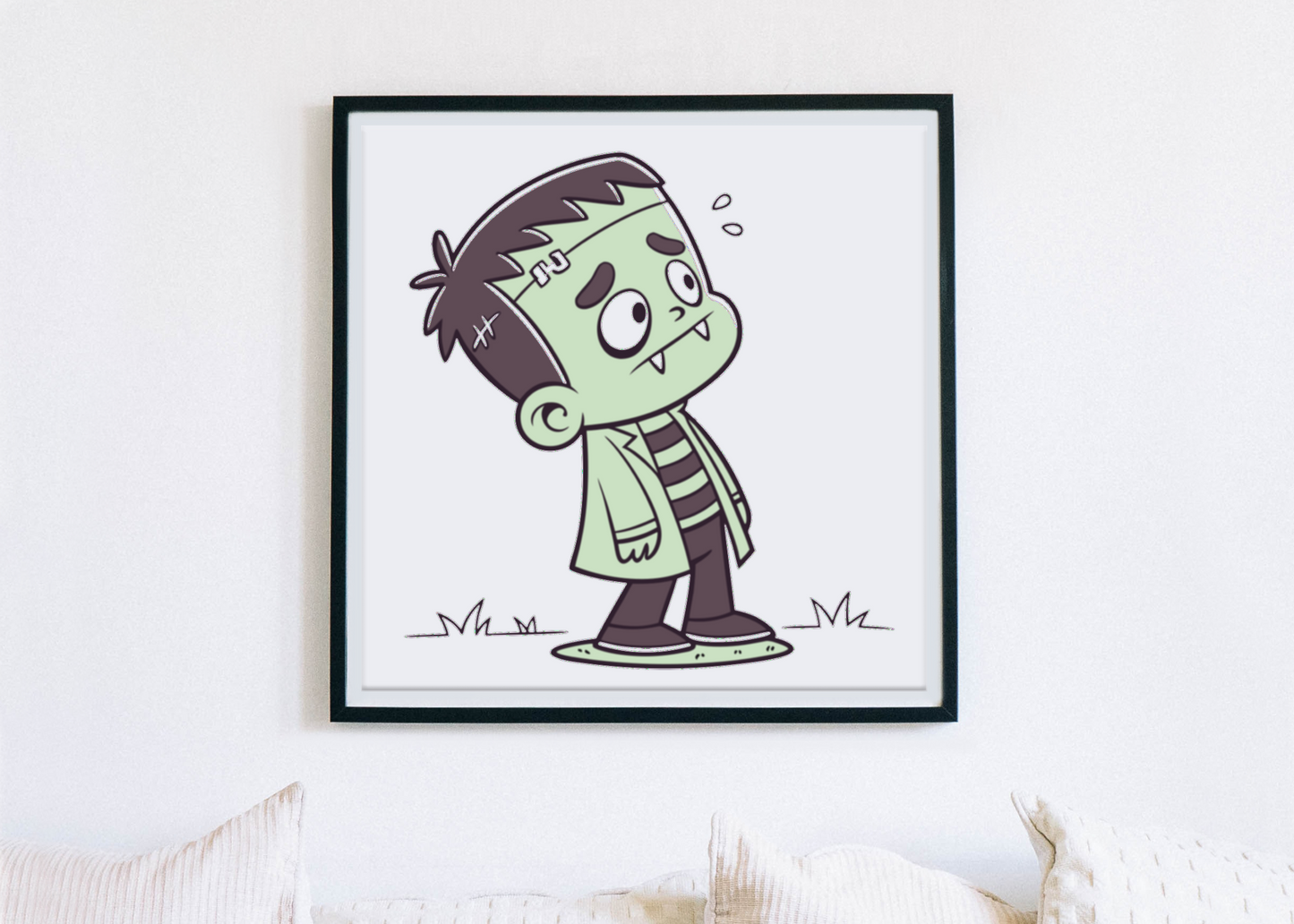 Cadre avec dessin de petit monstre cartoon surprenant dans un thème Halloween vibrant