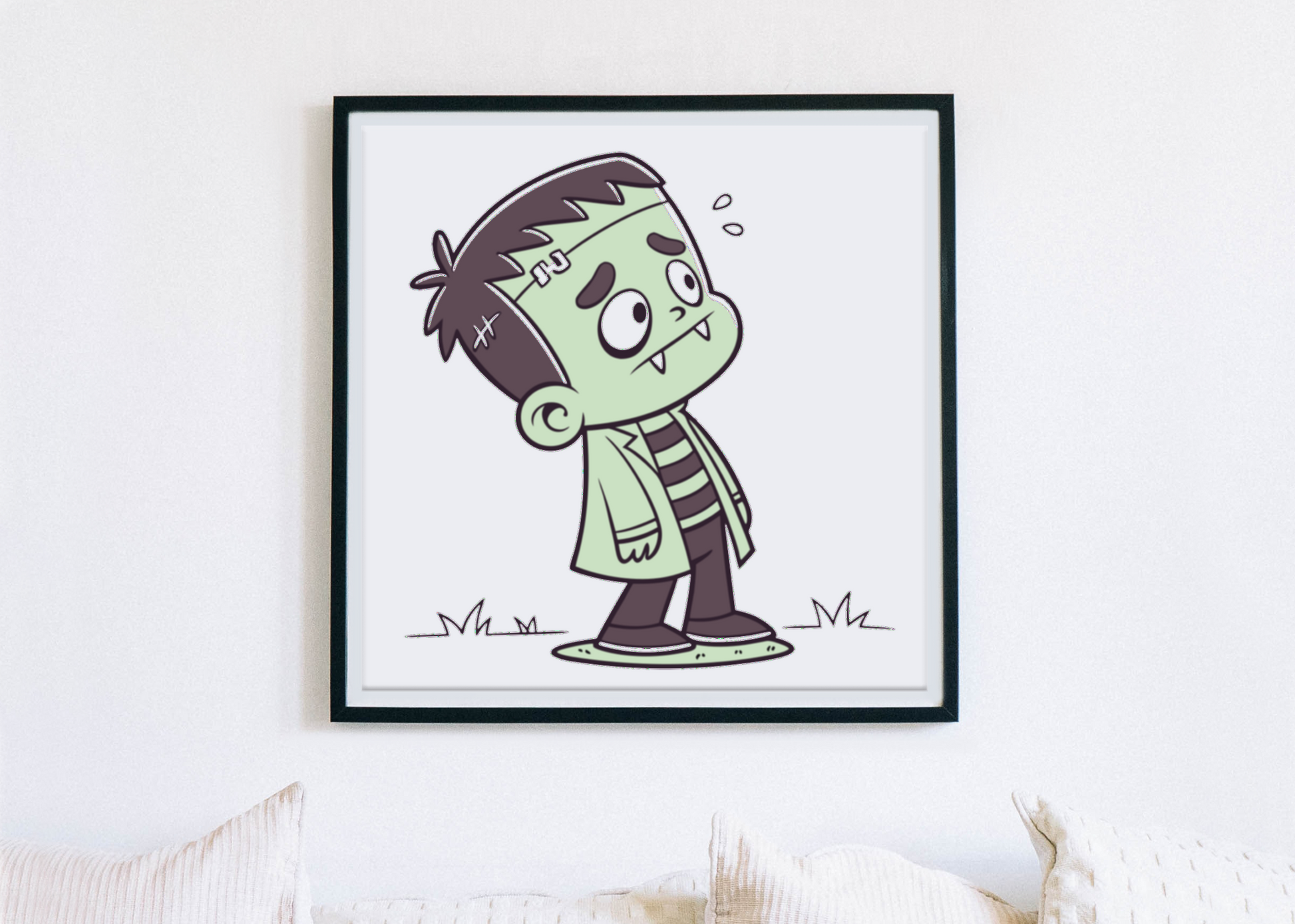 Cadre avec dessin de petit monstre cartoon surprenant dans un thème Halloween vibrant