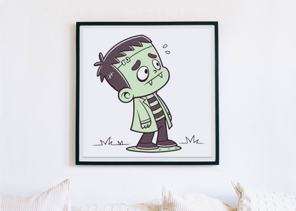Cadre avec dessin de petit monstre cartoon surprenant dans un thème Halloween vibrant