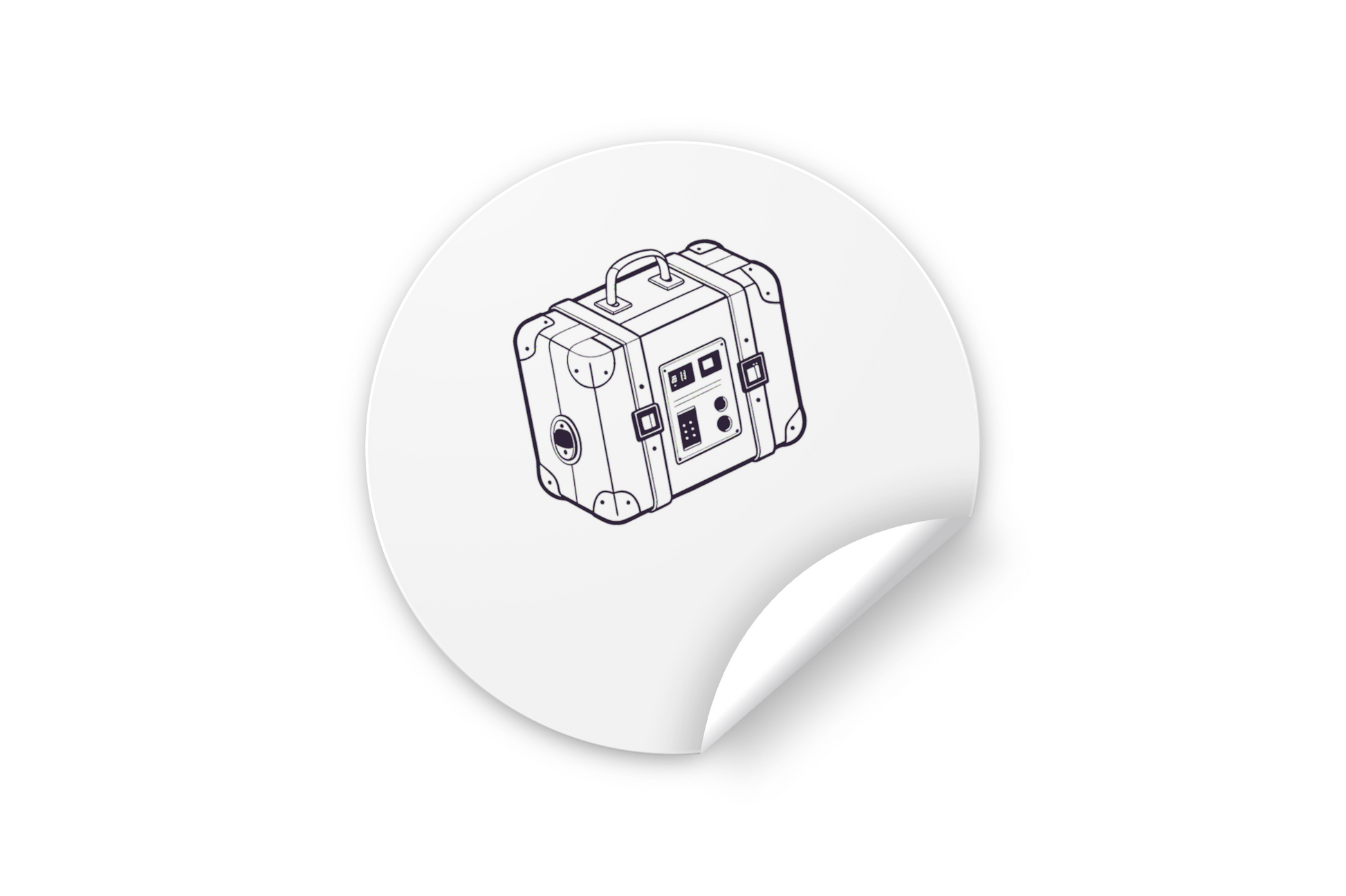 Sticker audacieux avec valise rétro futuriste dans un décor vibrant et numérique