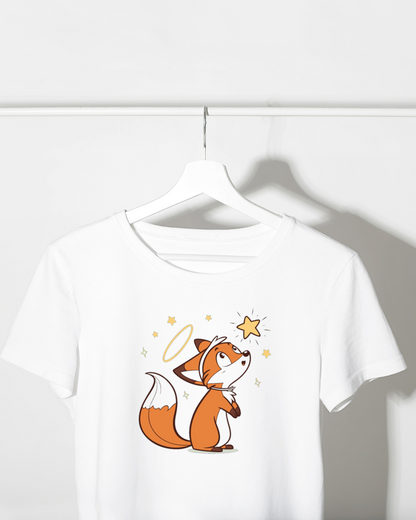 T-shirt pastel avec un renard captivé par une étoile, ambiance enchanteur