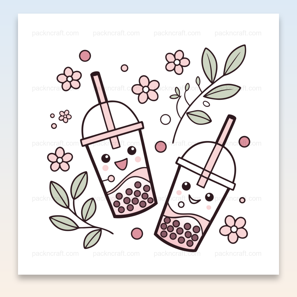 Illustration pastel de bubble tea joyeux avec éléments floraux, utilisable pour déco et papeterie.
