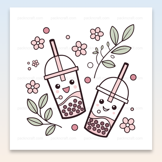 Illustration pastel de bubble tea joyeux avec éléments floraux, utilisable pour déco et papeterie.