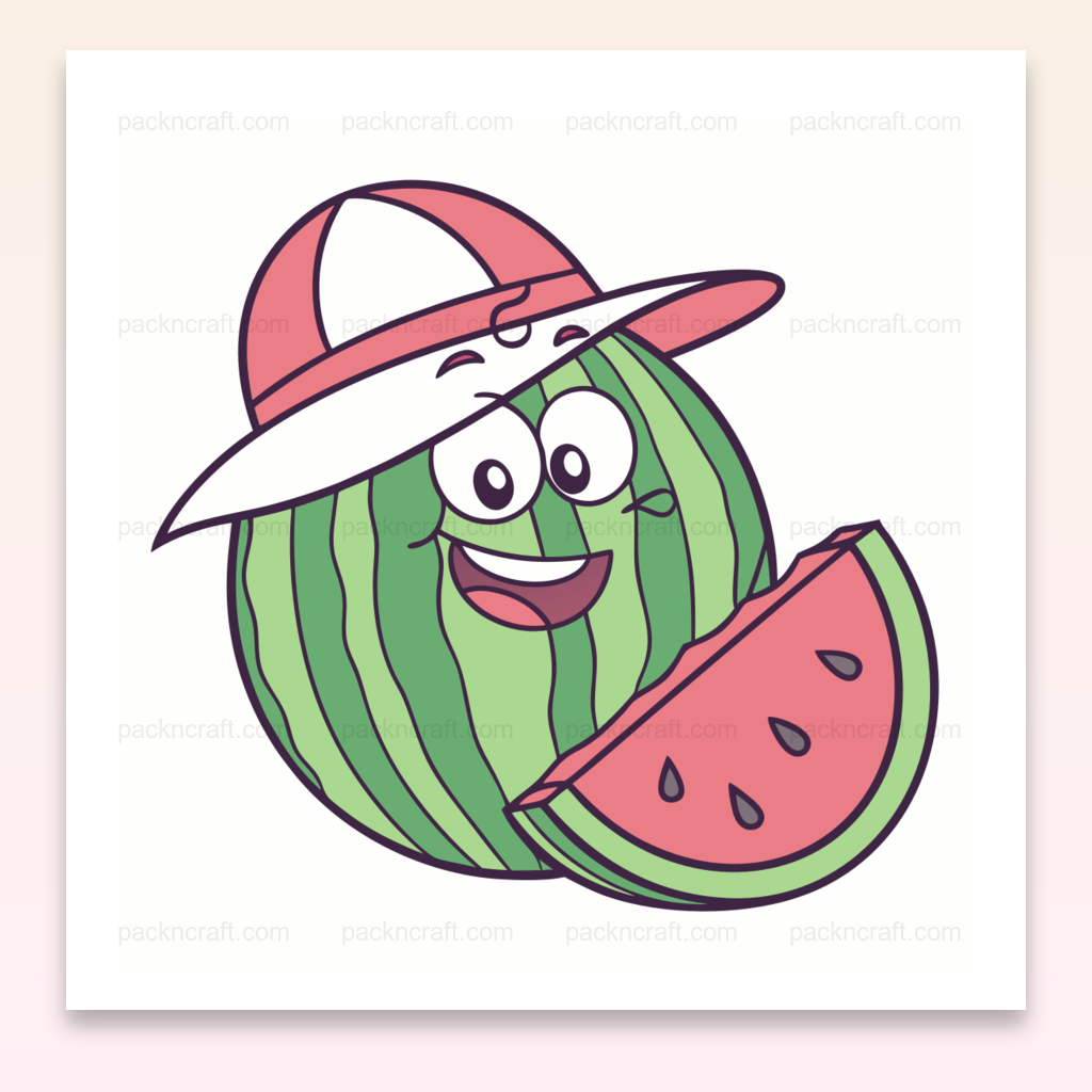 Illustration d'une pastèque souriante avec un chapeau, idéale pour les projets d'été.