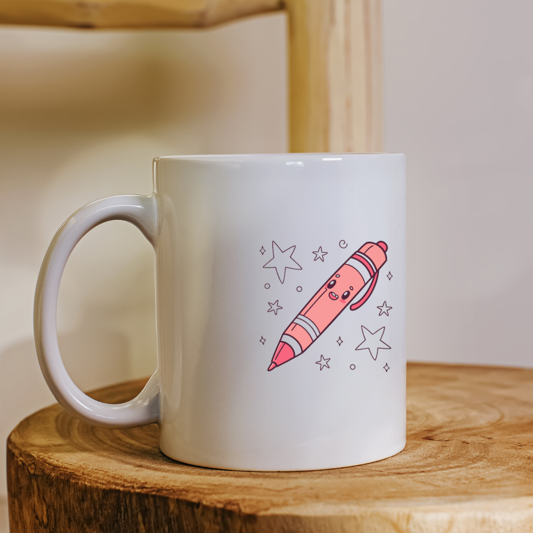 Mug avec dessin kawaii d'un stylo et étoiles dans un style ludique et éducatif