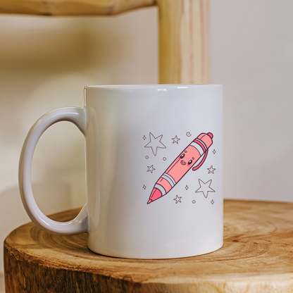 Mug avec dessin kawaii d'un stylo et étoiles dans un style ludique et éducatif