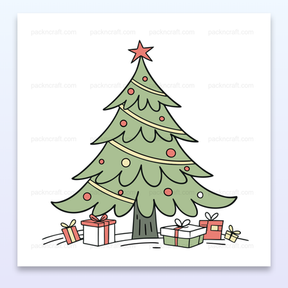 Illustration vectorielle d'un sapin de Noël festif entouré de cadeaux, idéal pour décorations de Noël.