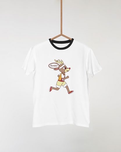 T-shirt fun avec un renne cartoon inspiré du marathon et esprit hivernal