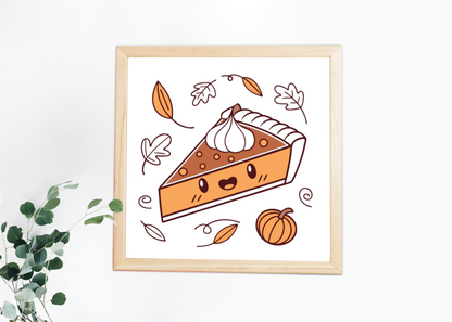 Cadre cosy avec une tarte souriante automnale illustrée de style kawaii