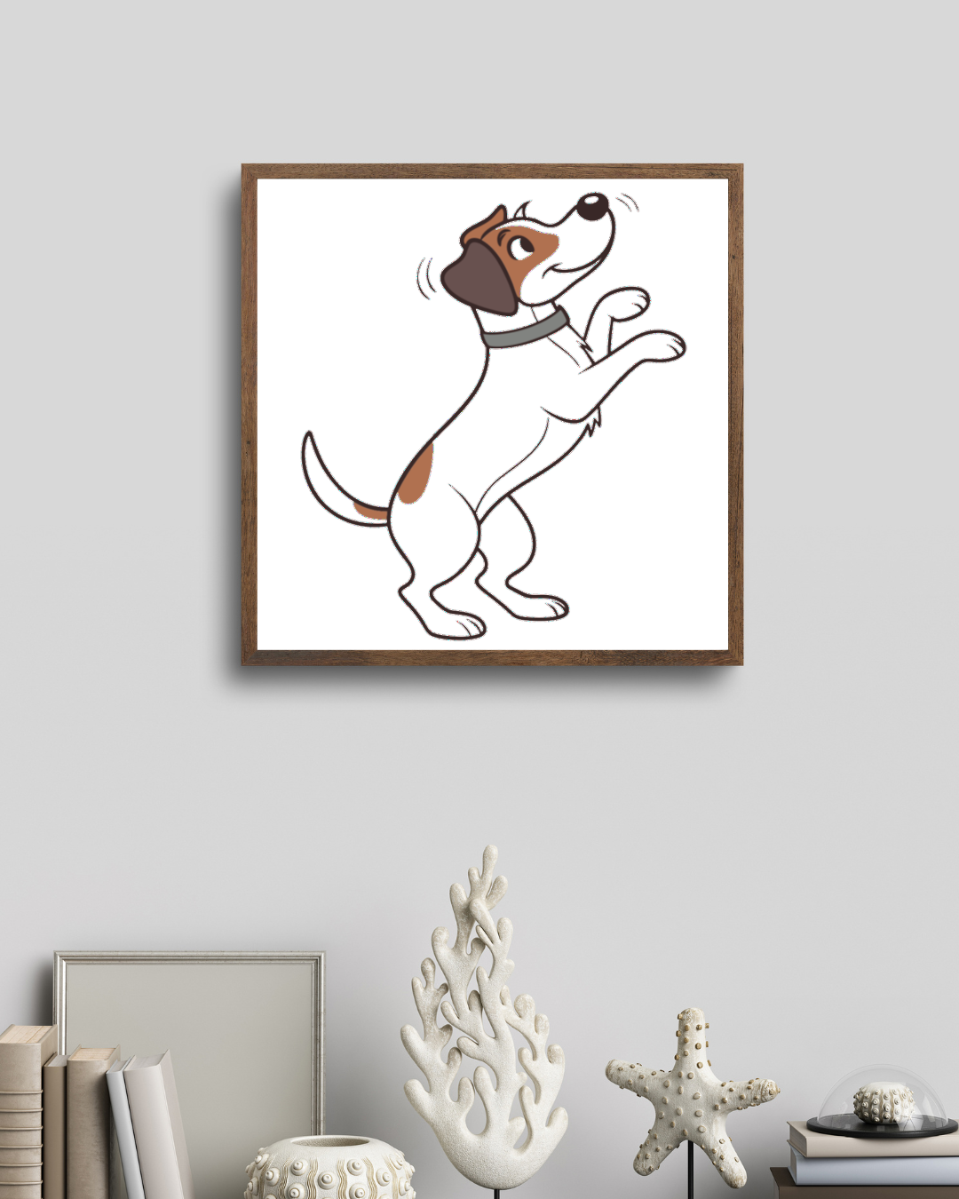 Cadre avec doodle de chien joyeux sautillant, idéal pour une déco dynamique et gaie