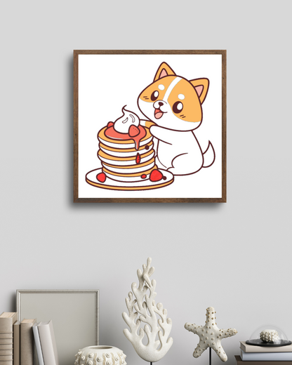 Cadre décoratif avec chien joyeux, crêpes et style kawaii coloré