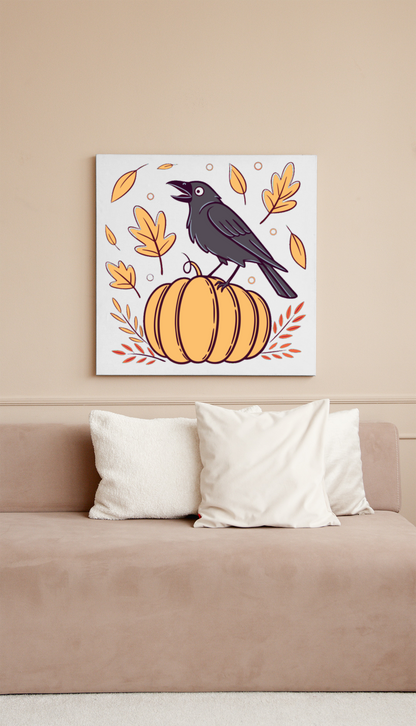 Cadre décoratif automne avec un corbeau chantant délicatement posé sur une citrouille