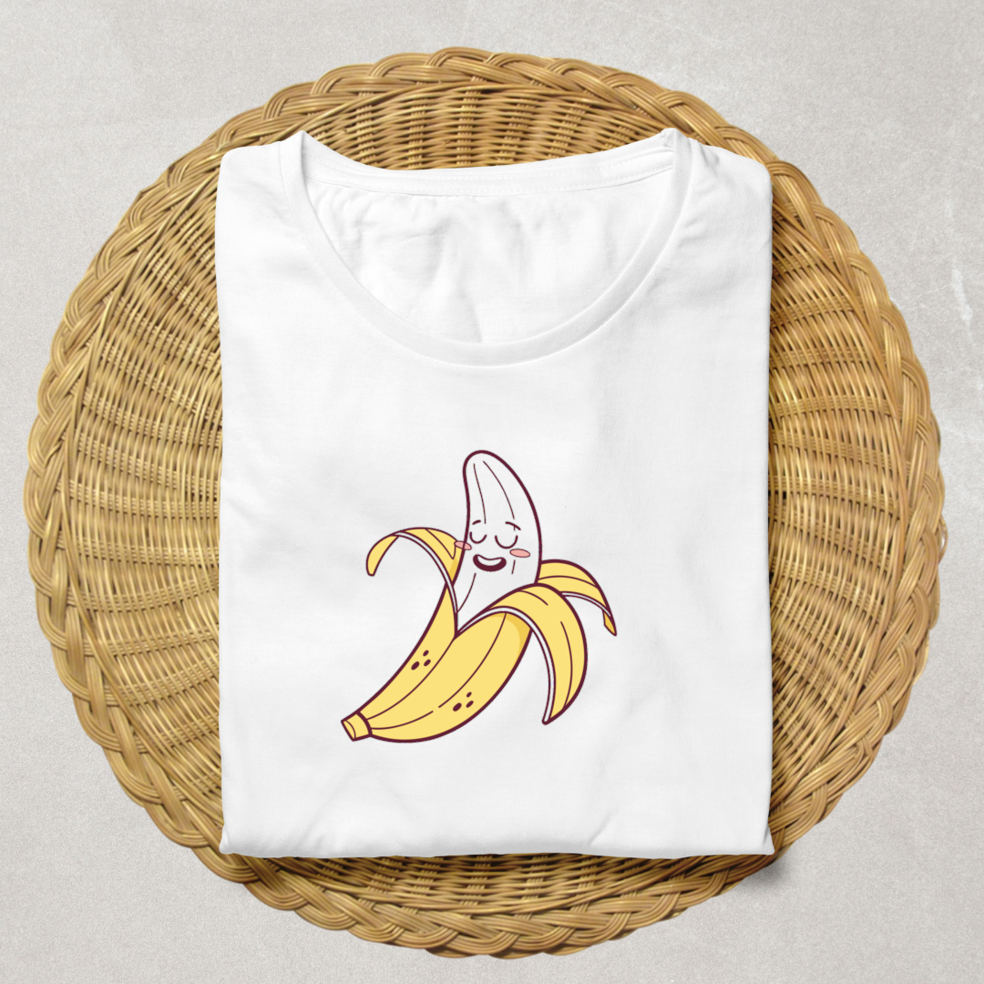 T-shirt avec banane épluchée joyeuse, style quotidien amusant et vectoriel doux