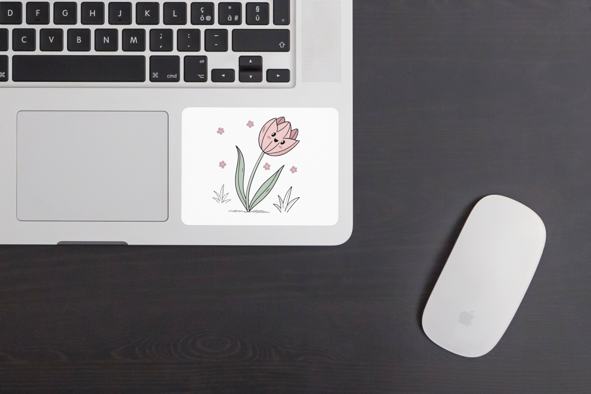 Sticker avec une tulipe souriante style doodle épanouie sur fond printanier